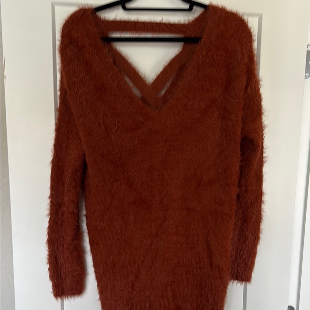Elegant V-Neck Fuzzy Sweater - Brown